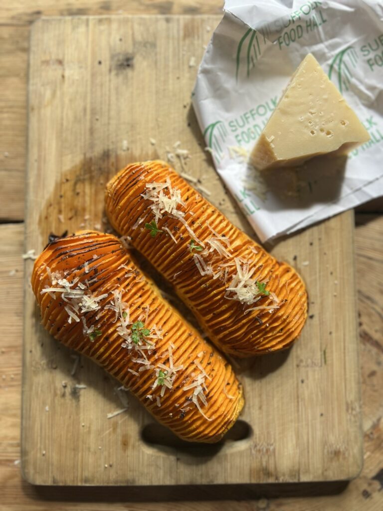 Hasselback Butternut Squash with Oak Smoked Garlic Butter and Parmesan.